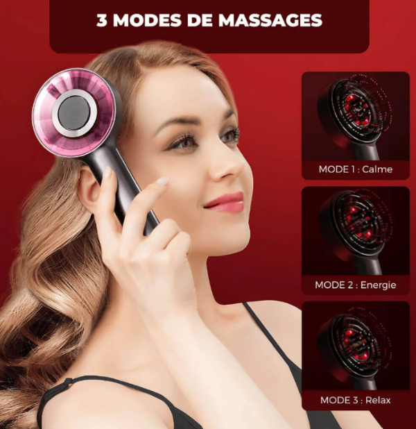 Brosse de massage électrique pour cuir chevelu avec 3 modes : calme, énergie et relaxation. Stimule la circulation sanguine et favorise la santé capillaire.