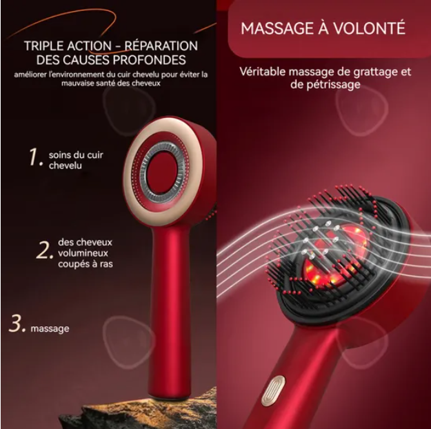 Brosse de massage électrique avec triple action pour réparer le cuir chevelu, stimuler la pousse des cheveux et offrir un massage profond anti-stress